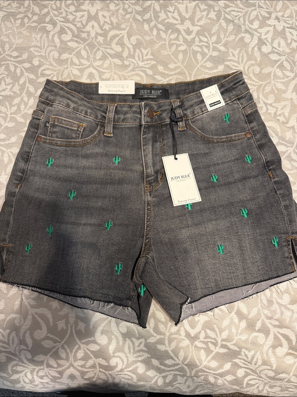 Medium Judy Blue Gray Denim Shorts with Green Cactus Embroidery